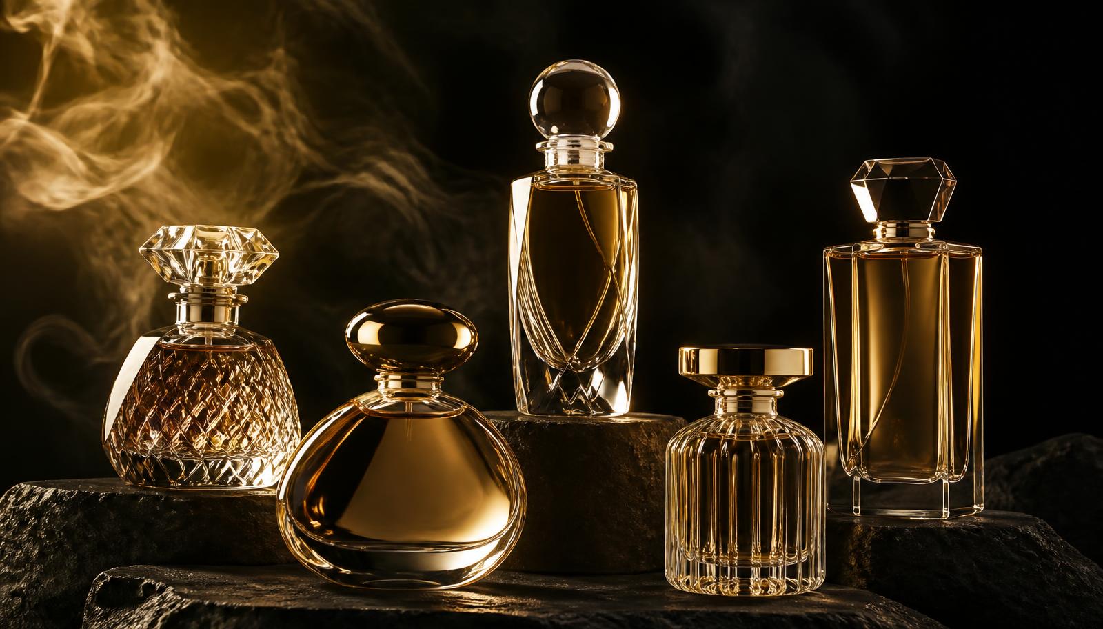 Five sculptural luxury perfume bottles lit in champagne gold on dark stone