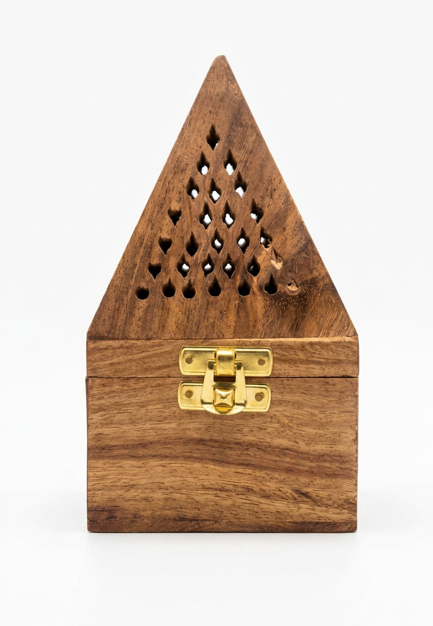 Al Noor Pyramid Bakhoor Burner — Sheesham pyramid burner with a brass clasp and lattice vents.
