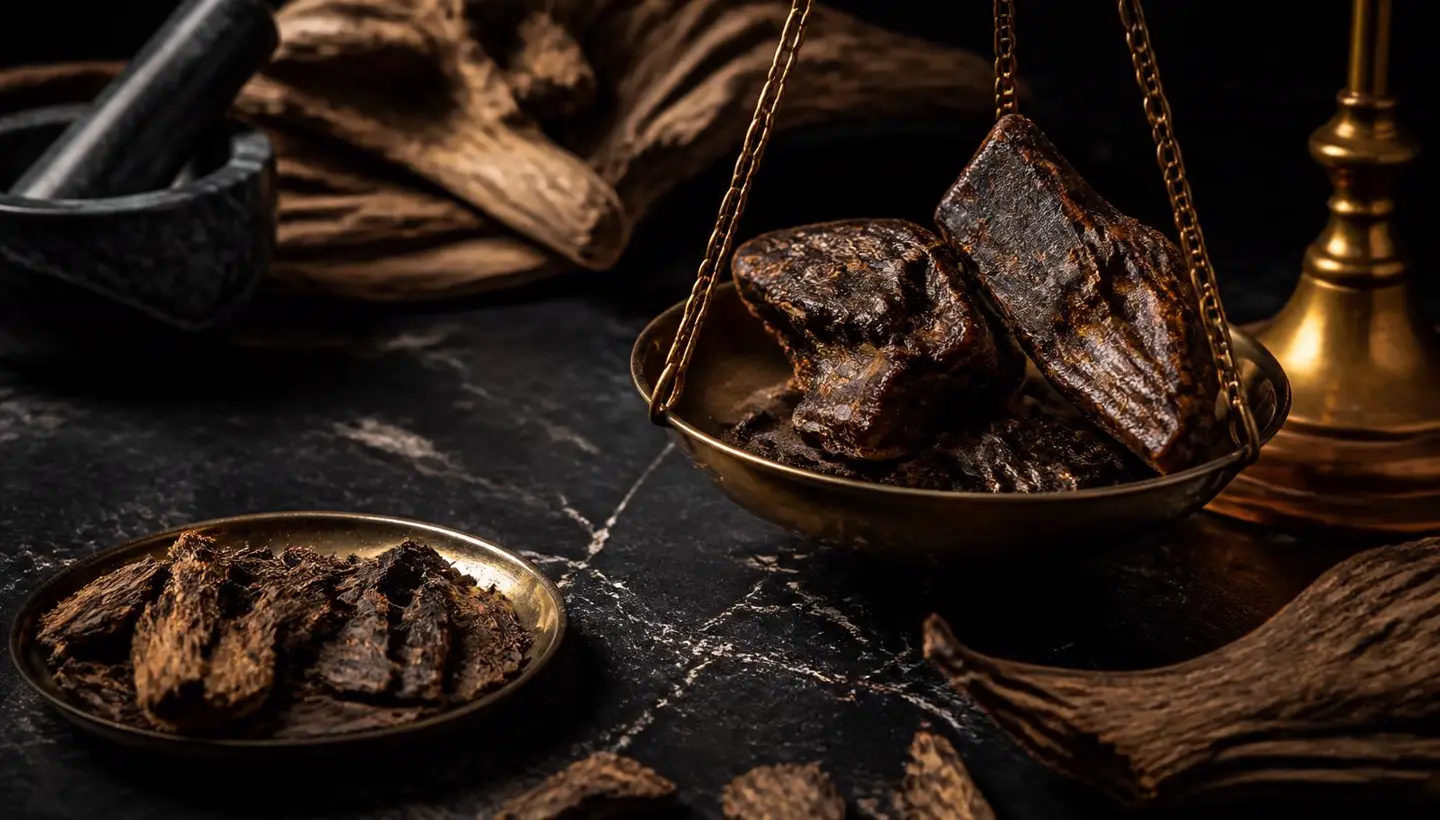 Agarwood oud chips weighed on a brass scale — Mirage Attars sourcing