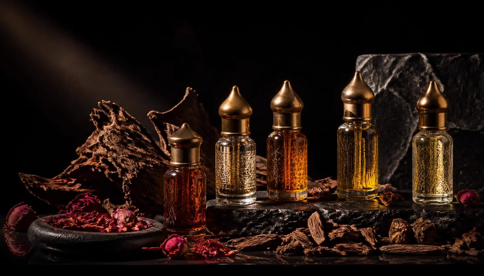 Row of attar oil bottles with brass caps beside oud wood chips and dried rose petals on black stone
