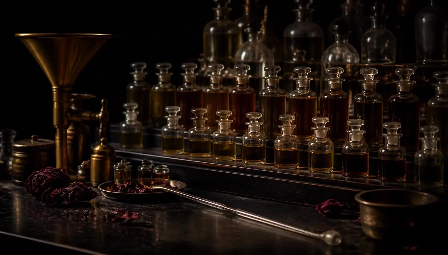 Perfumer workbench with rows of attar vials — Mirage Attars atelier