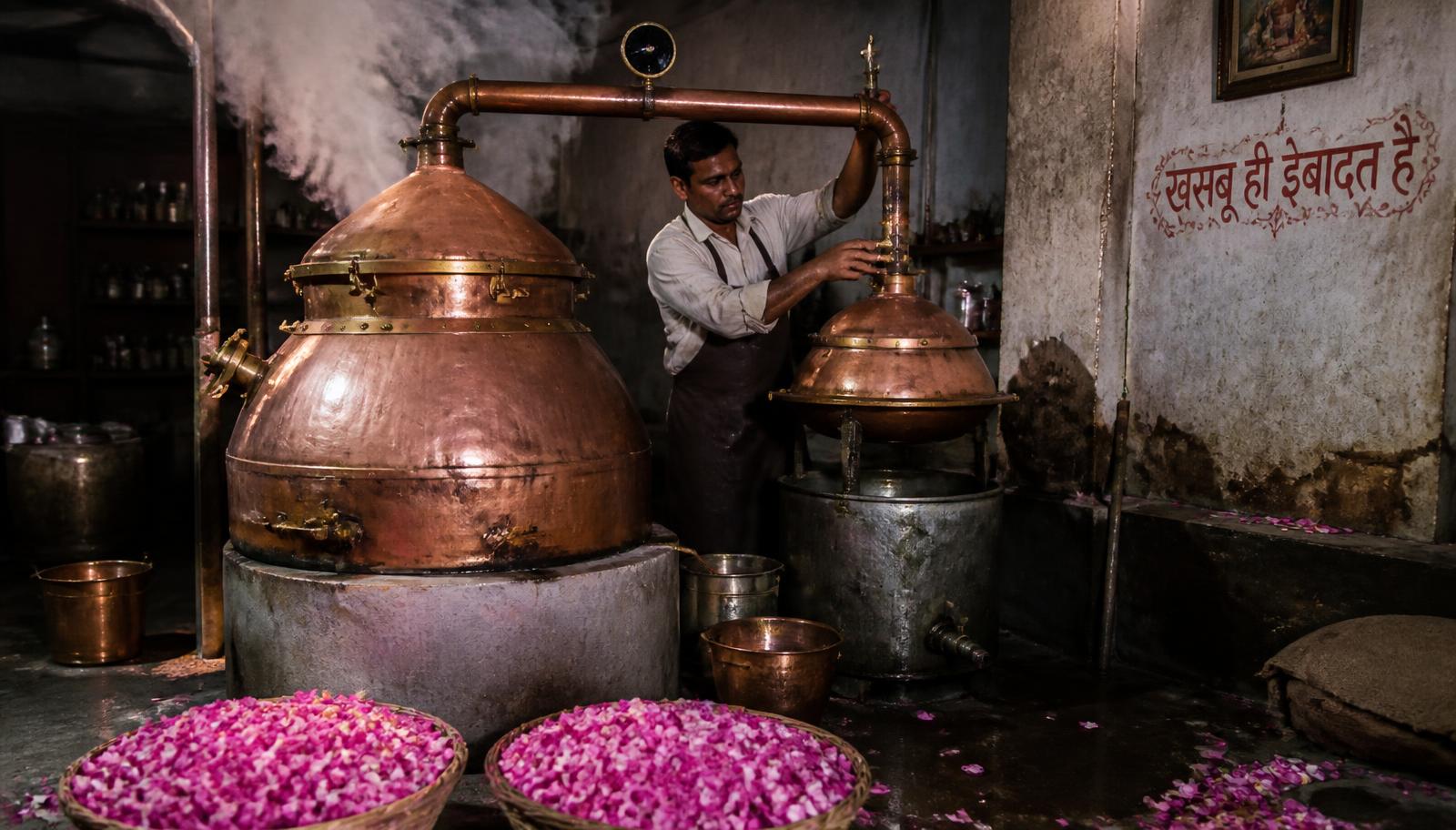 Perfumer working at copper deg and bhapka distillation vessels with baskets of rose petals in an Indian attar workshop