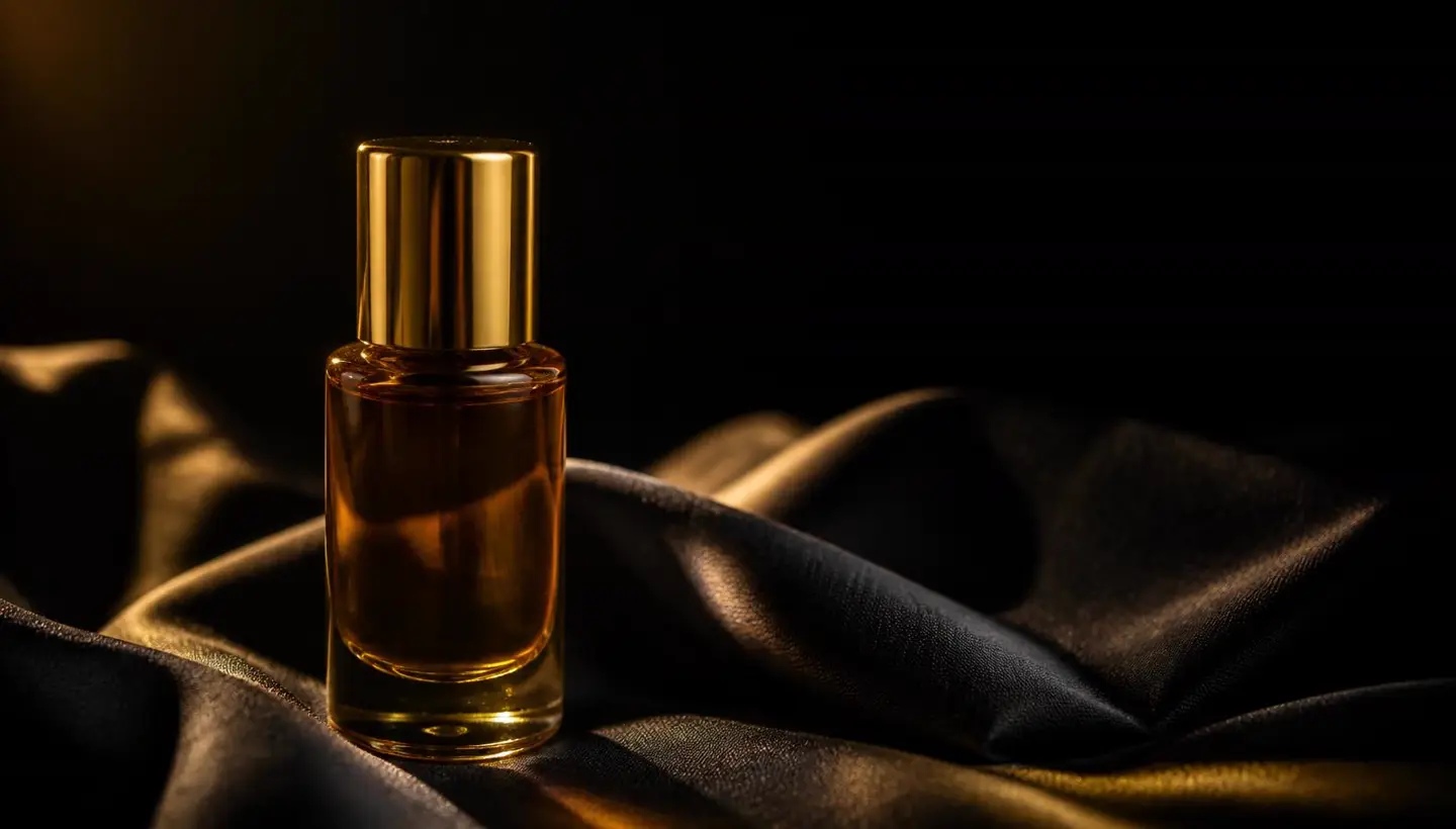 Amber glass attar bottle with gold cap on dark silk — Mirage Attars