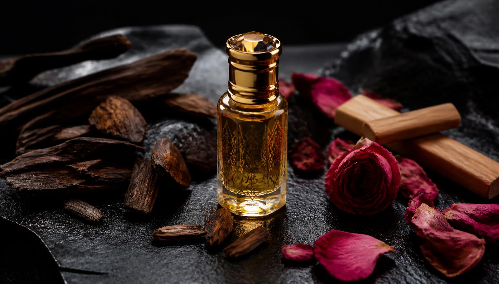 Glass vial of golden attar oil on black stone surrounded by oud wood chips, sandalwood and dried rose petals